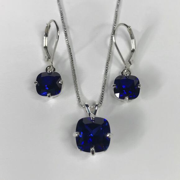 GORGEOUS 10ctw Cushion Cut Sapphire Earrings & Pendant Necklace Set - Picture 1 of 4